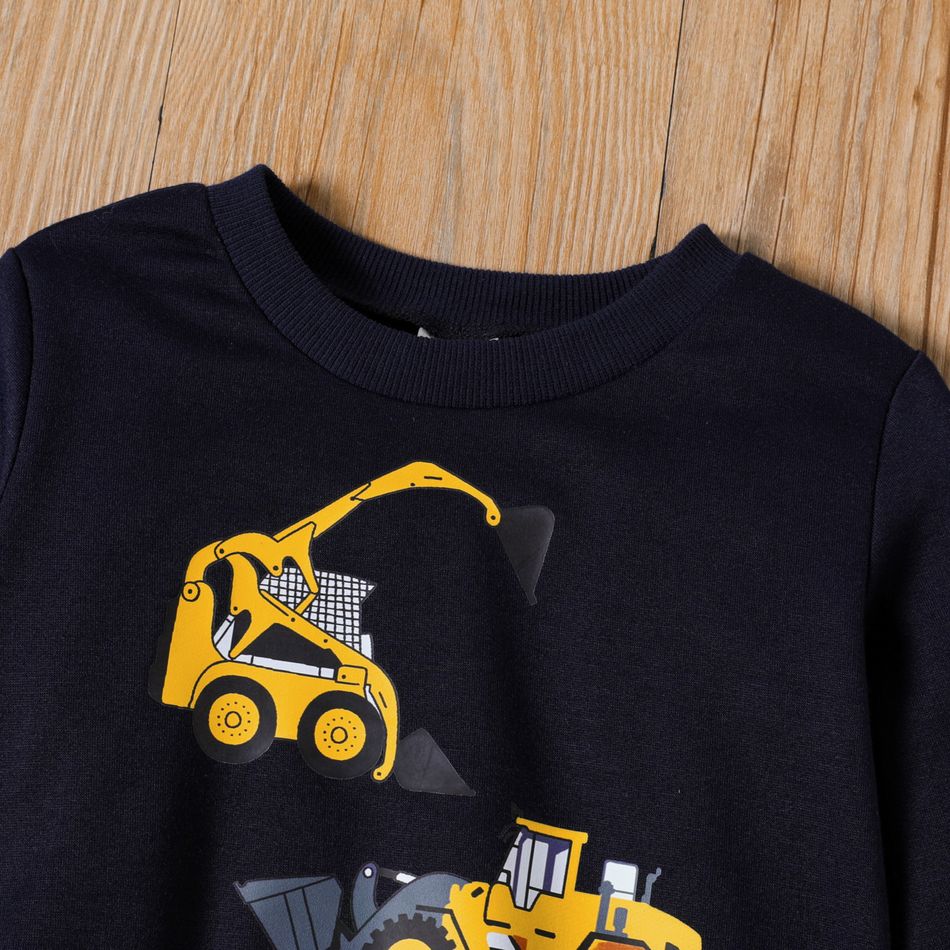 Toddler Boy Vehicle Excavator Print Dark Blue Pullover Sweatshirt DeepSapphireBlue big image 3