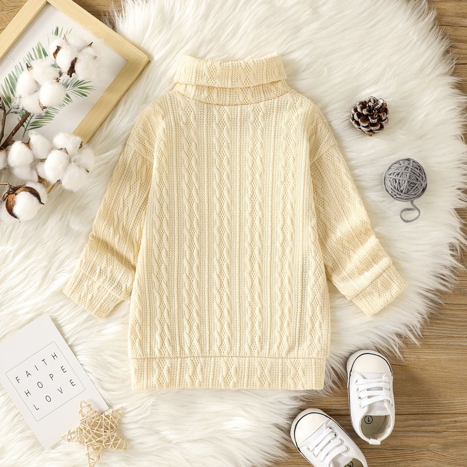 Baby Girl Solid Cable Knit Turtleneck Long-sleeve Sweater Dress Apricot big image 3