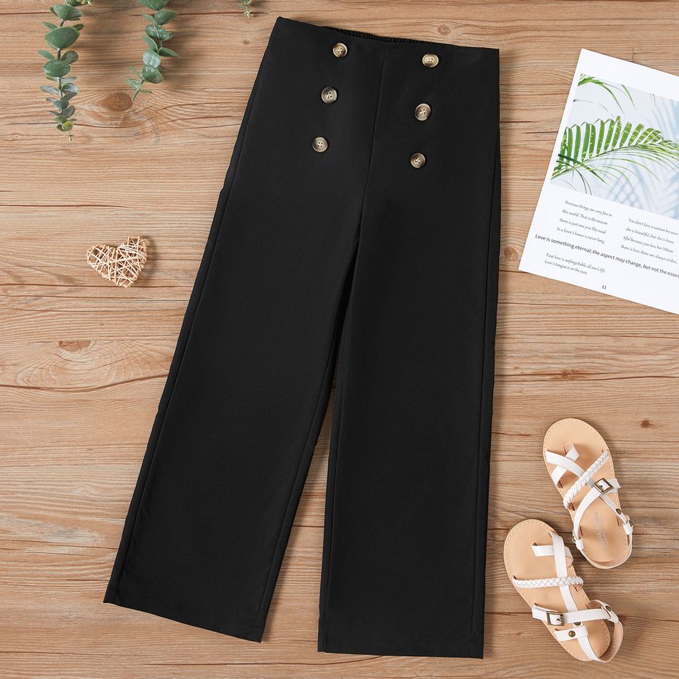 Kid Girl Button Design Elasticized Black Wide Leg Pants Black