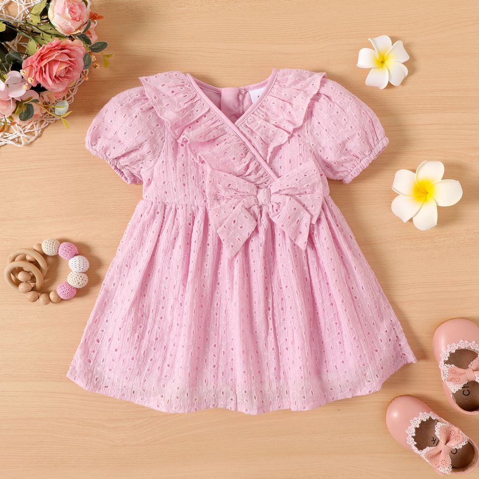 Baby Mädchen Rosa Öse bestickt Surplice Neck Bow Front Puffärmel Partykleid rosa
