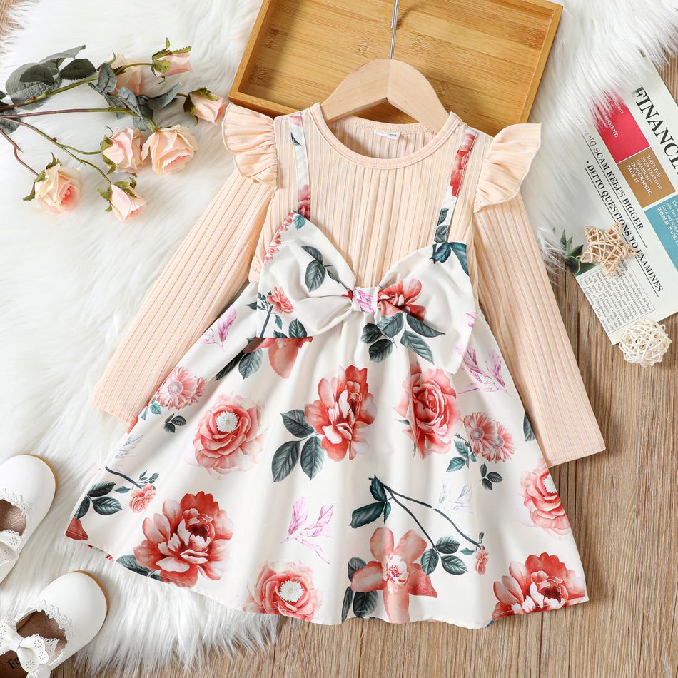 Toddler Girl Faux-two Floral Allover Textured Ruffle and Bow Decor Long-sleeve Dress Apricot