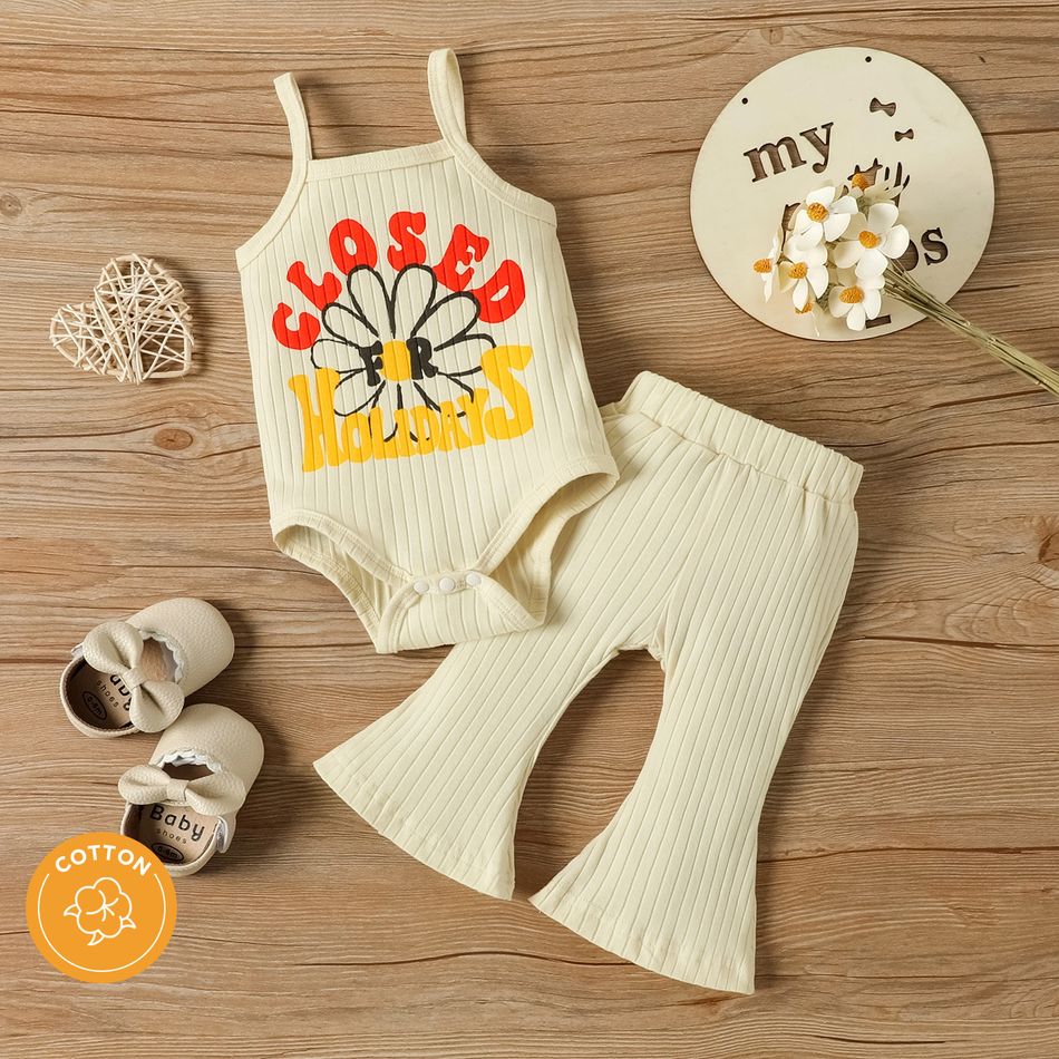100% Cotton 2pcs Baby Girl Daisy & Letter Print Rib Knit Cami Romper and Flared Pants Set Creamcolored