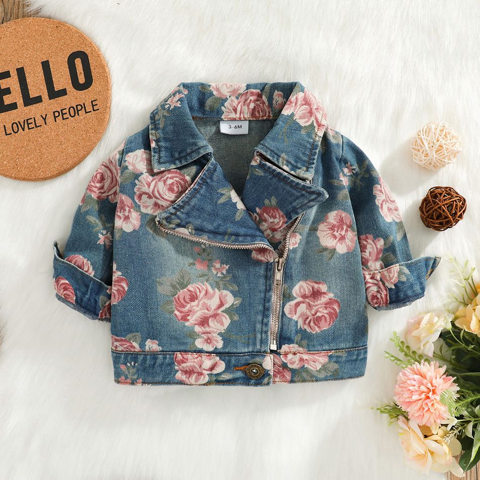 100% Cotton Baby All Over Floral Print Lapel Long-sleeve Zip Denim Jacket Bluish Grey