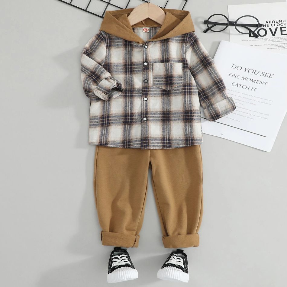 2pcs Kid Boy Plaid Hooded Long-sleeve Shirt and Elasticized Pants Set lighttan