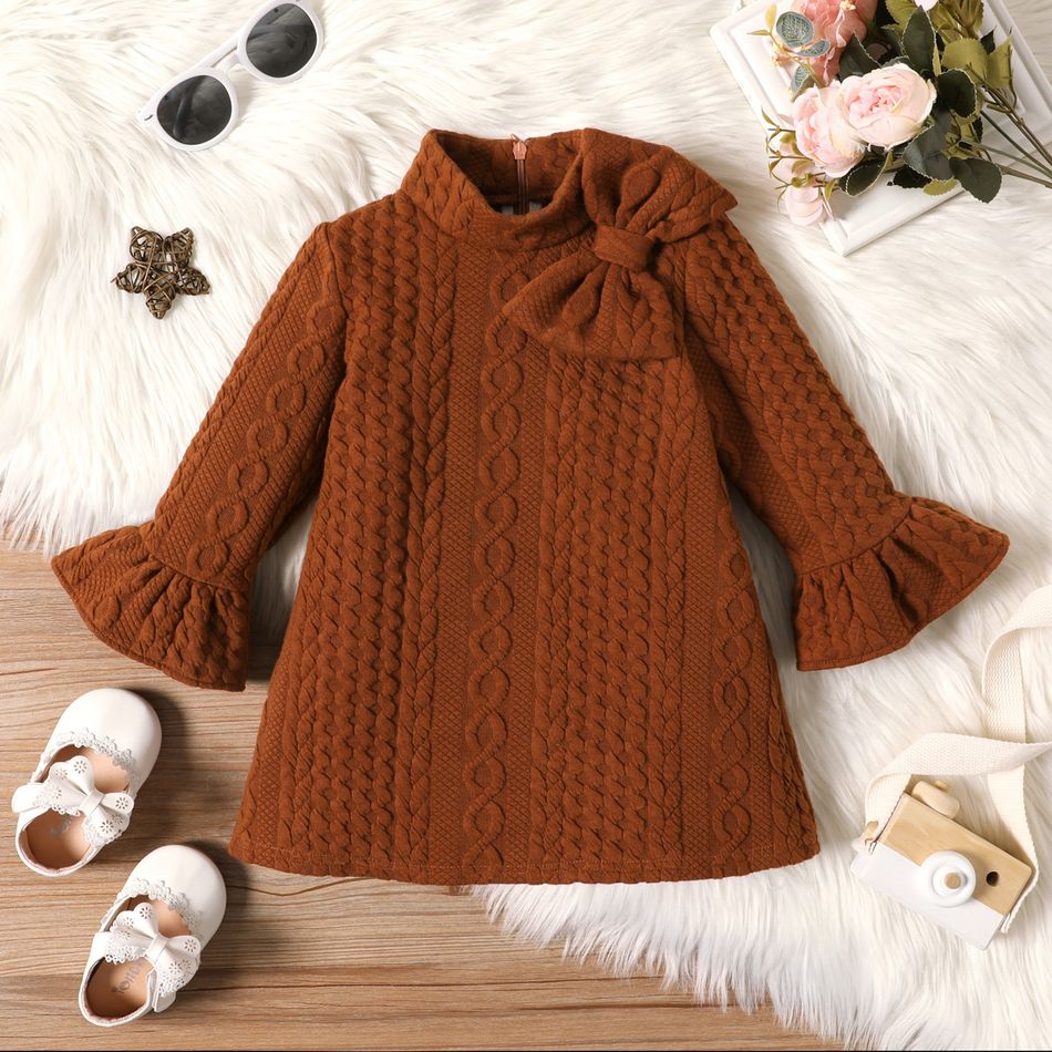 Baby Girl Brown Imitation Knitting Bow Front Mock Neck Bell Sleeve Dress Brown