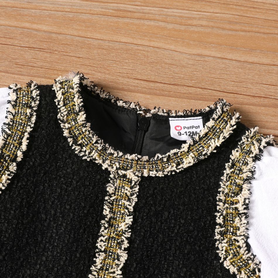 Baby Girl Faux-two Long-sleeve Contrast Binding Tweed Dress BlackandWhite big image 3