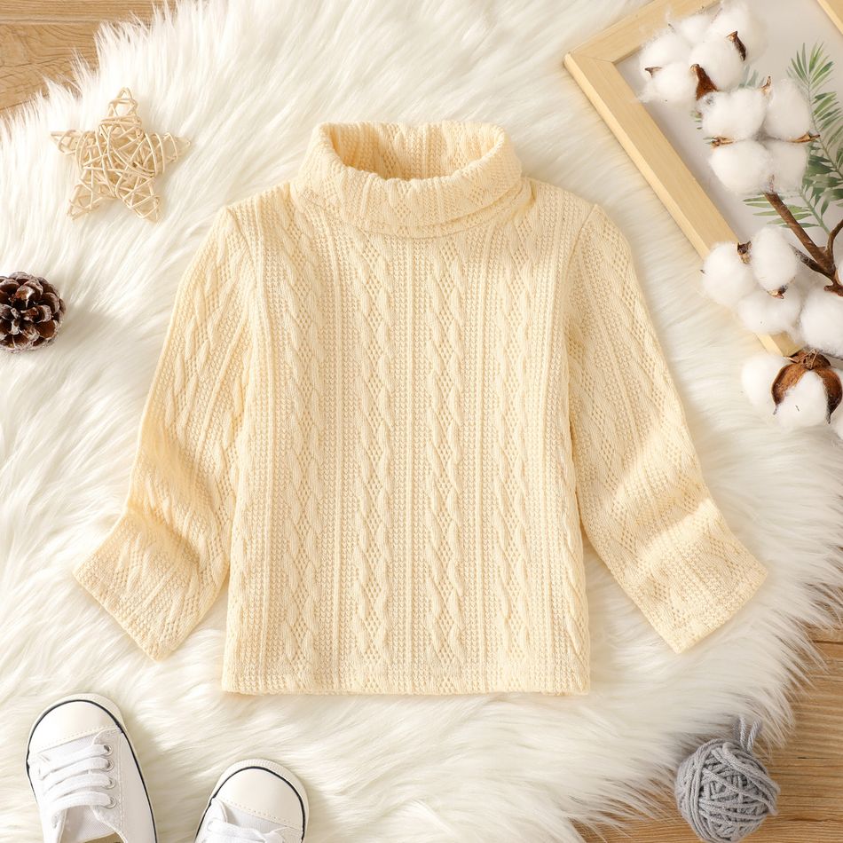 Baby Boy/Girl Solid Turtleneck Long-sleeve Cable Knit Pullover Sweater Apricot big image 1