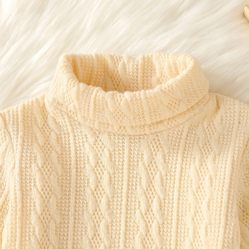 Baby Boy/Girl Solid Turtleneck Long-sleeve Cable Knit Pullover Sweater Apricot big image 3