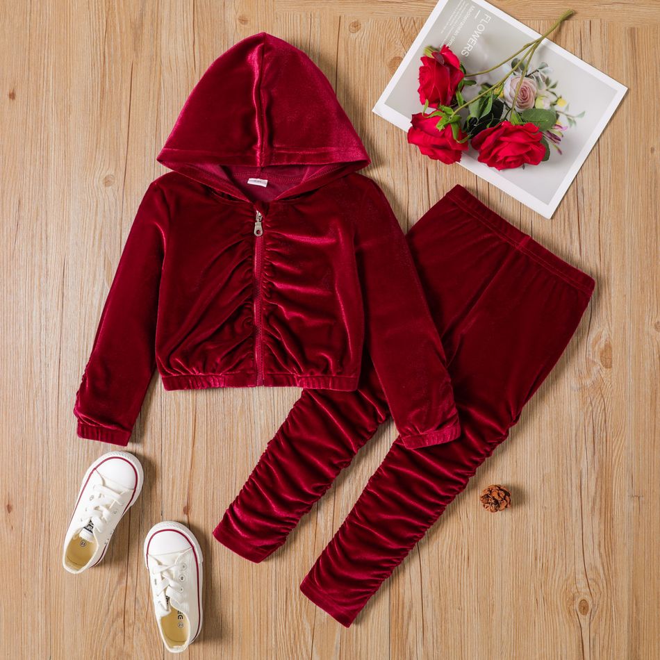 2pcs Toddler Girl Ruched Velvet Burgundy Hooded Jacket and Pants Set Burgundy