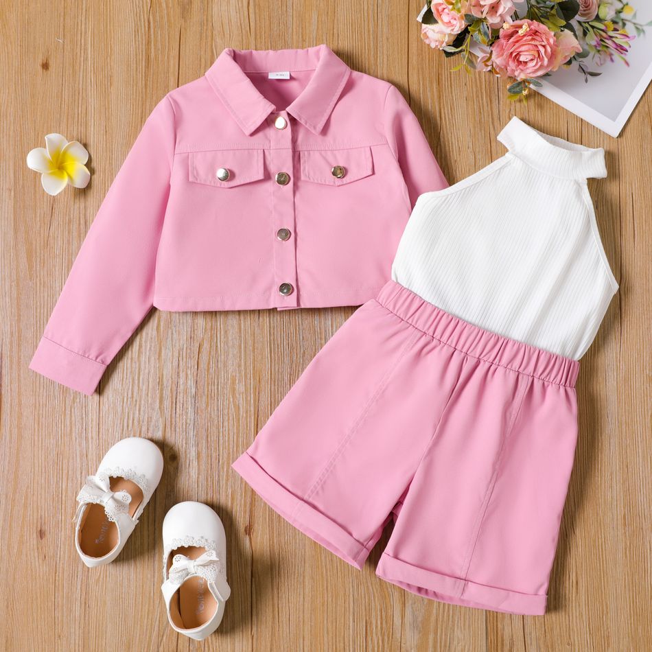 2pcs Toddler Girl Colorblock Splice Halter Rompers and Lapel Collar Pink Jacket Set Pink
