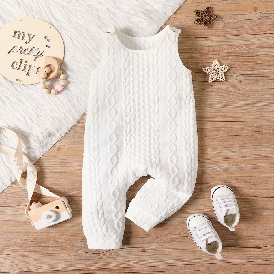 Baby Boy Solid Cable Knit Textured Overalls White big image 1