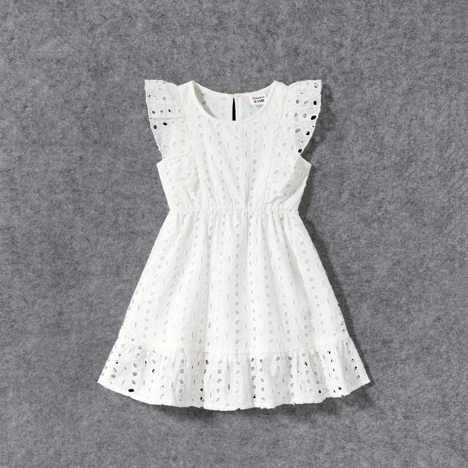Family Matching 100% Cotton Eyelet Embroidered Flutter-sleeve Dresses and Short-sleeve Gingham Shirts Sets White big image 6