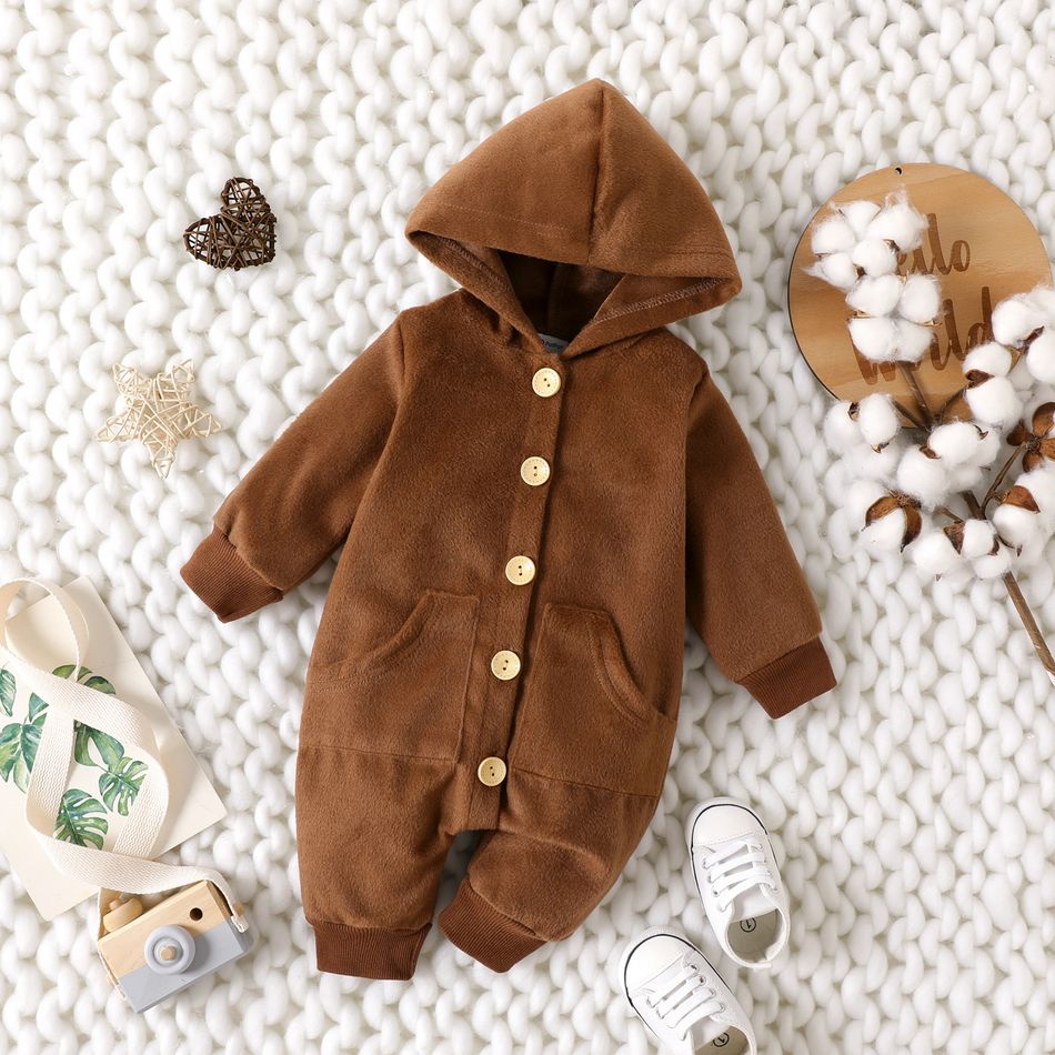 Baby Boy/Girl Button Front Solid Woolen Hooded Long-sleeve Jumpsuit Brown