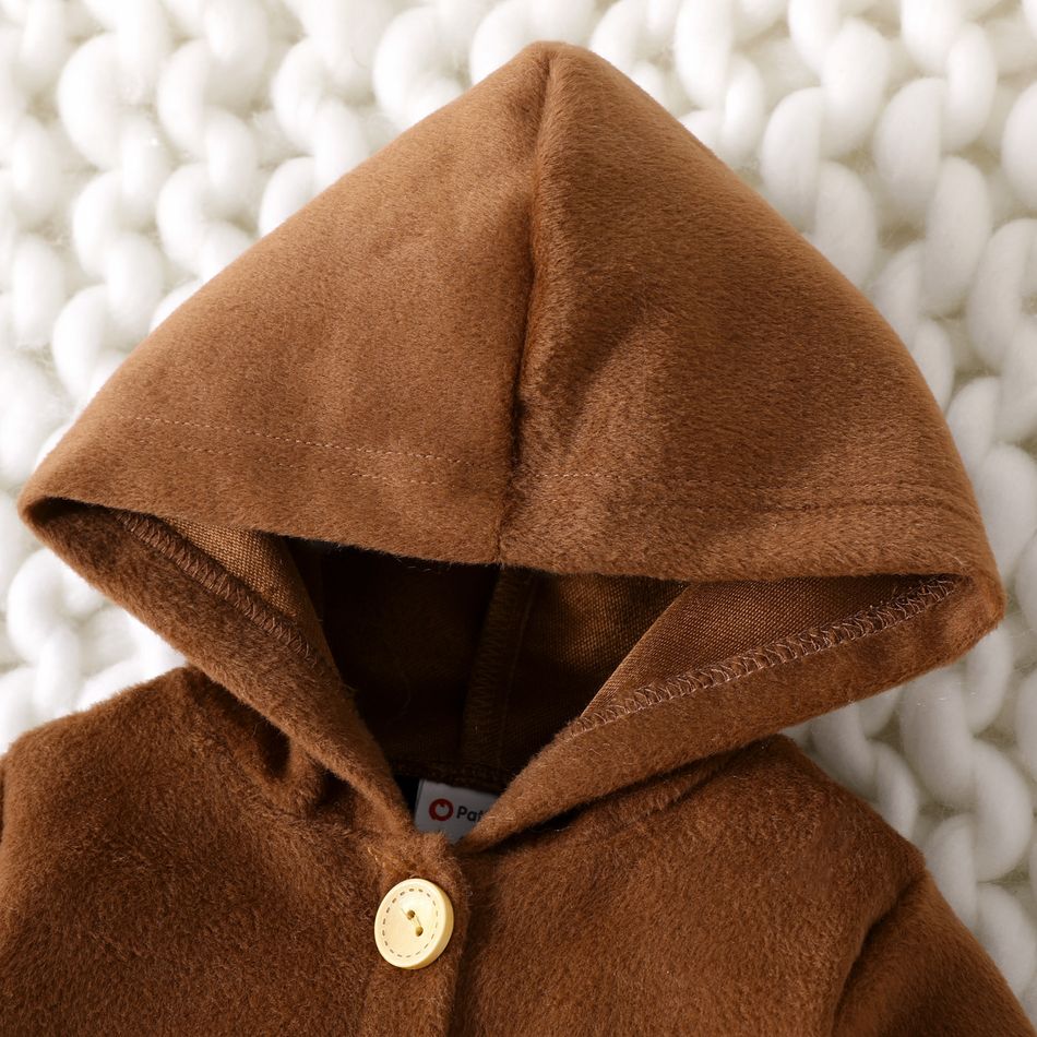 Baby Boy/Girl Button Front Solid Woolen Hooded Long-sleeve Jumpsuit Brown big image 4