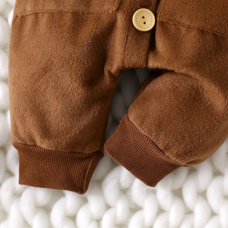 Baby Boy/Girl Button Front Solid Woolen Hooded Long-sleeve Jumpsuit Brown big image 6