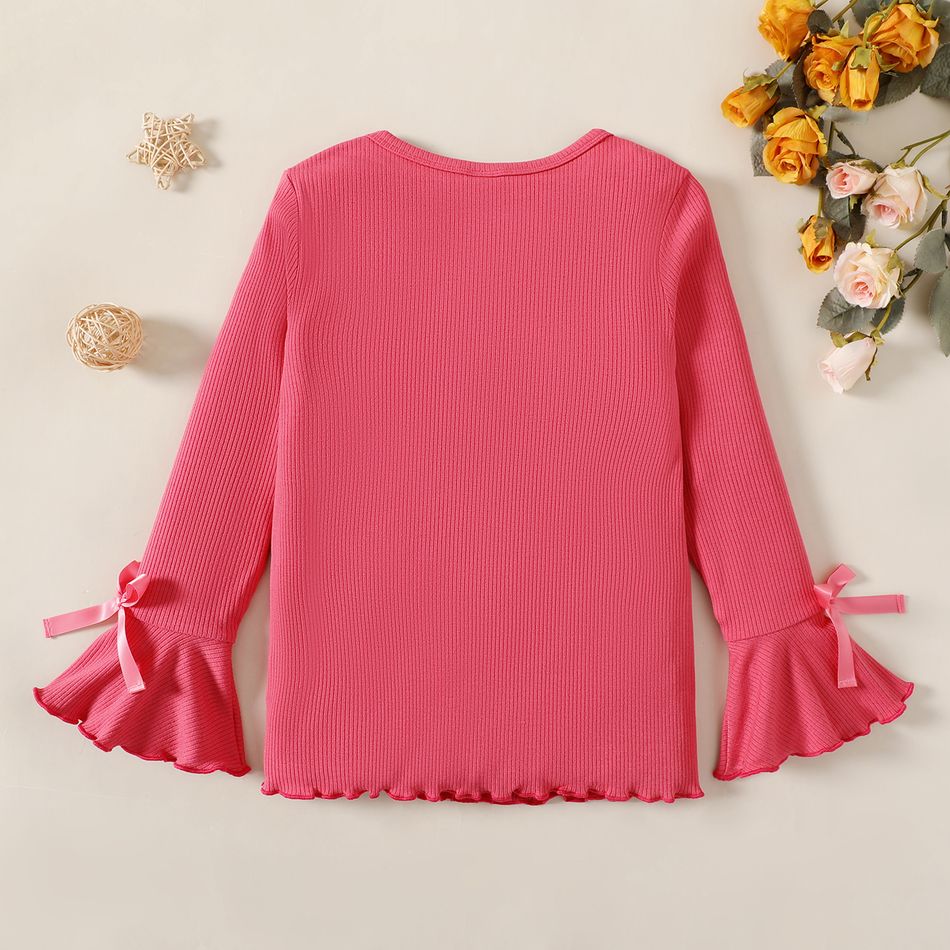 Kid Girl 100% Cotton Solid Color Bowknot Design Lettuce Trim Long Bell sleeves Tee Hot Pink