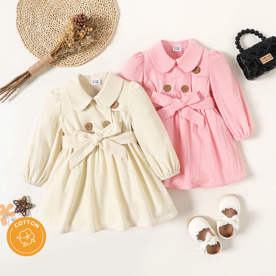 100% Cotton Baby Girl Solid Peter Pan Collar Double Breasted Belted Long-sleeve Dress Pink big image 2