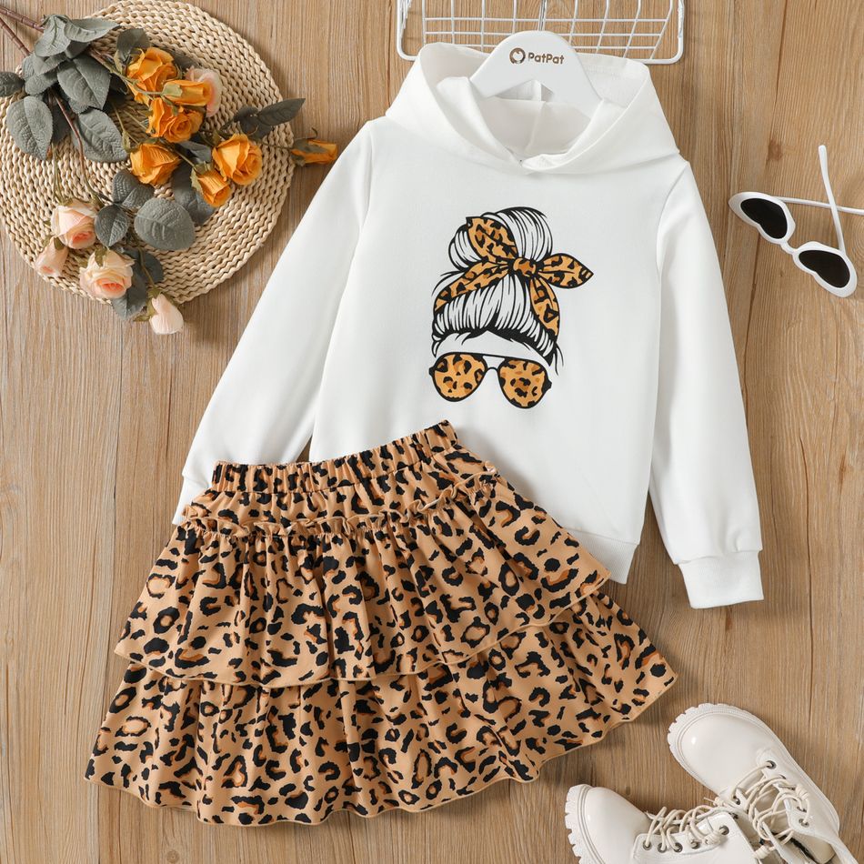 2pcs Kid Girl Cartoon Print White Hoodie Sweatshirt and Leopard Print Layered Skirt Set White big image 1