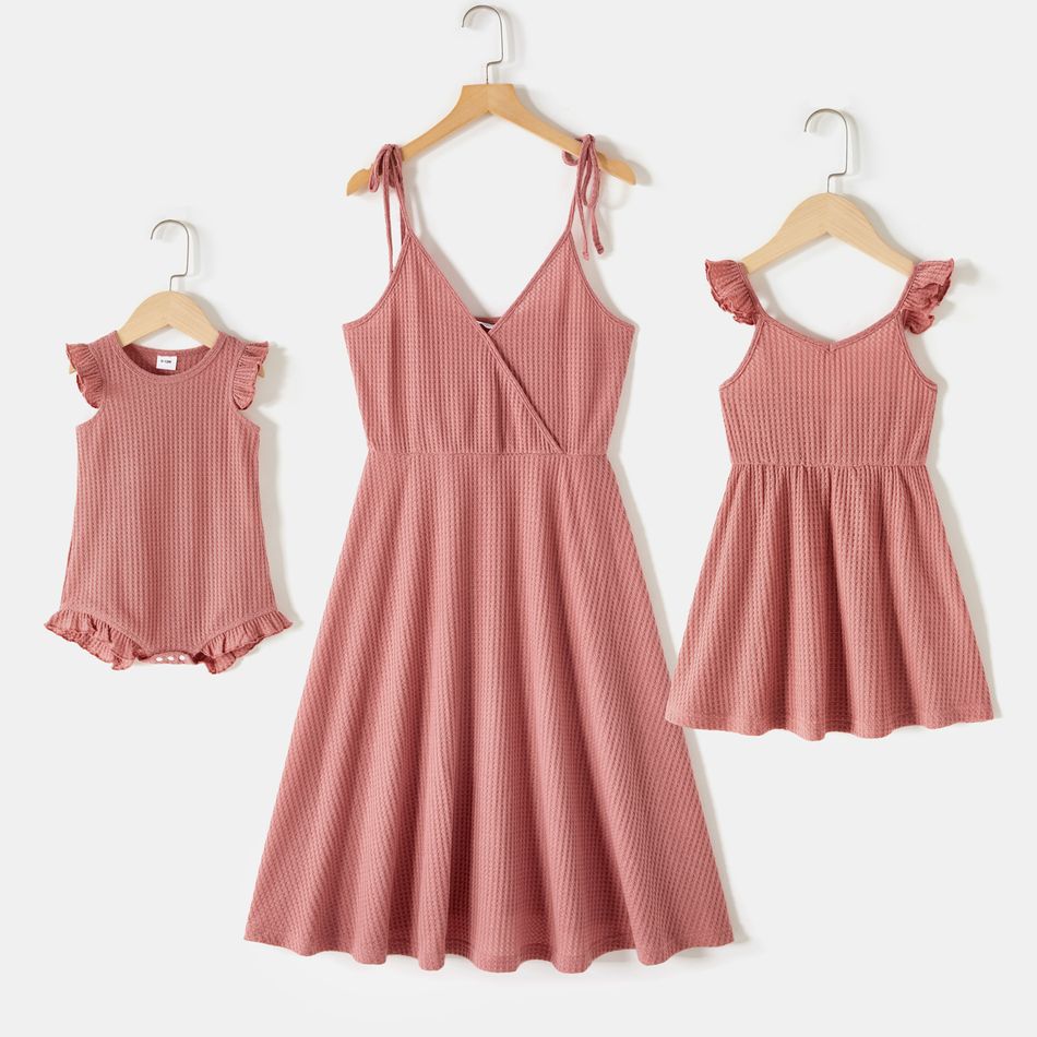 Pink Waffle Surplice Neck Tie Shoulder Cami Dress for Mom and Me Pink