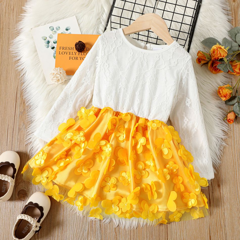 طفلة صغيرة الدانتيل الحلو لصق تصميم فراشة فستان طويل الأكمام الأصفر big image 1