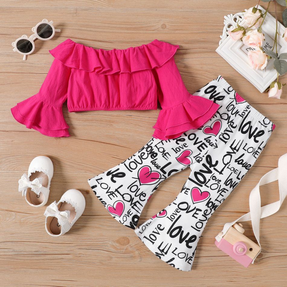 2pcs Baby Girl 100% Cotton Ruffle Trim Bell Sleeve Crop Top and Allover Love Heart & Letter Print Flared Pants Set Color block big image 2