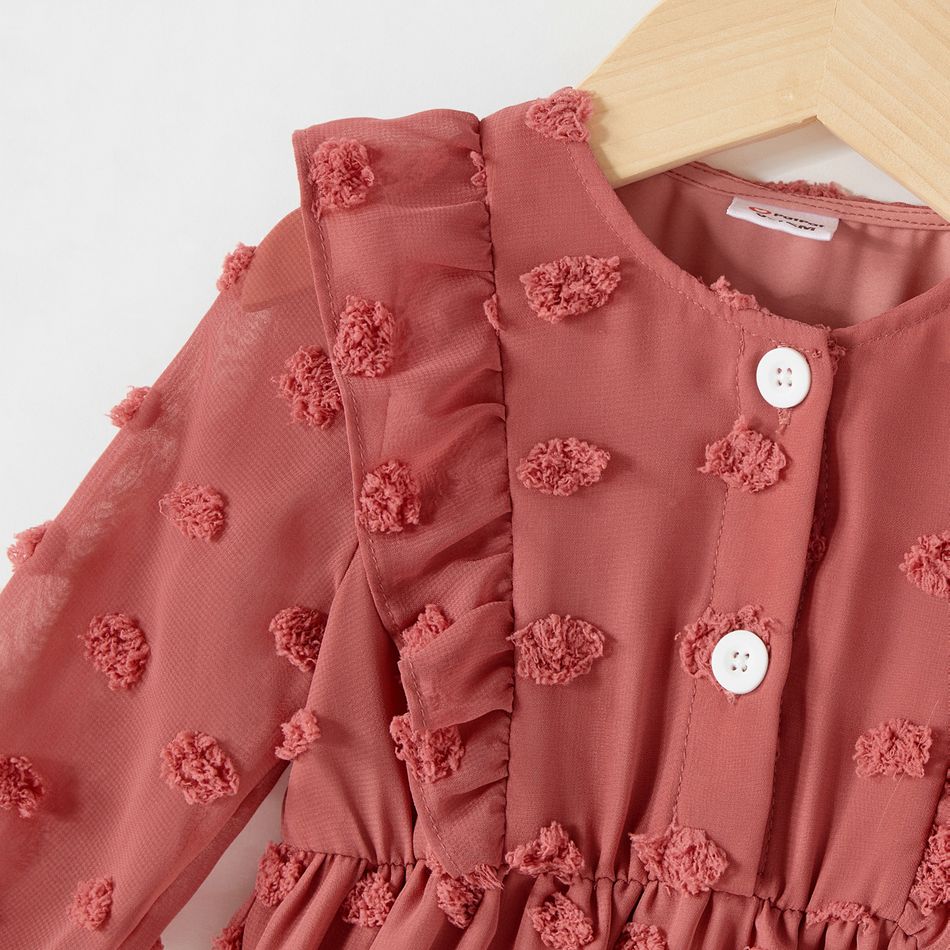 Solid Swiss Dot V Neck Long-sleeve Belted Button Front Dress for Mom and Me Cameo brown big image 13