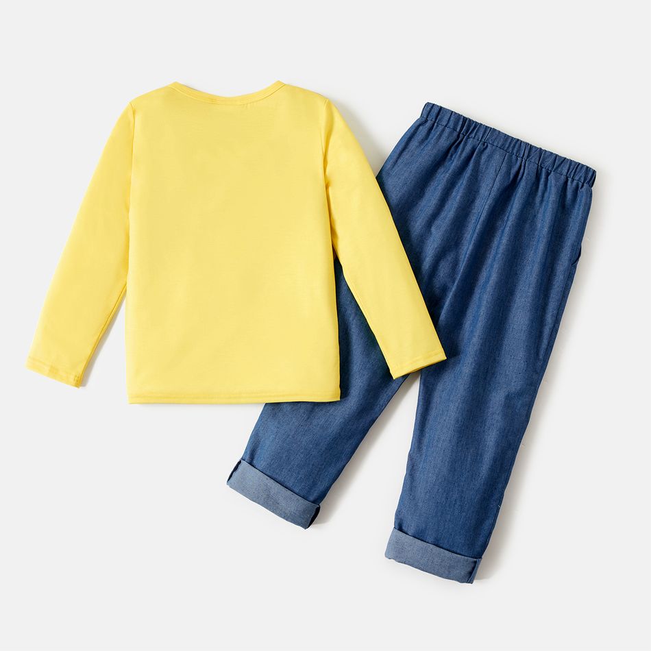 Super Pets 2pcs Kid Boy Colorblock Long-sleeve Tee and Cotton Denim Jeans Set Yellow big image 3