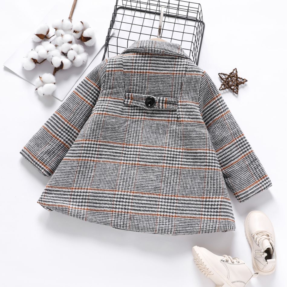 Toddler Girl Lapel Collar Button Design Plaid Blend Coat Black/White big image 2