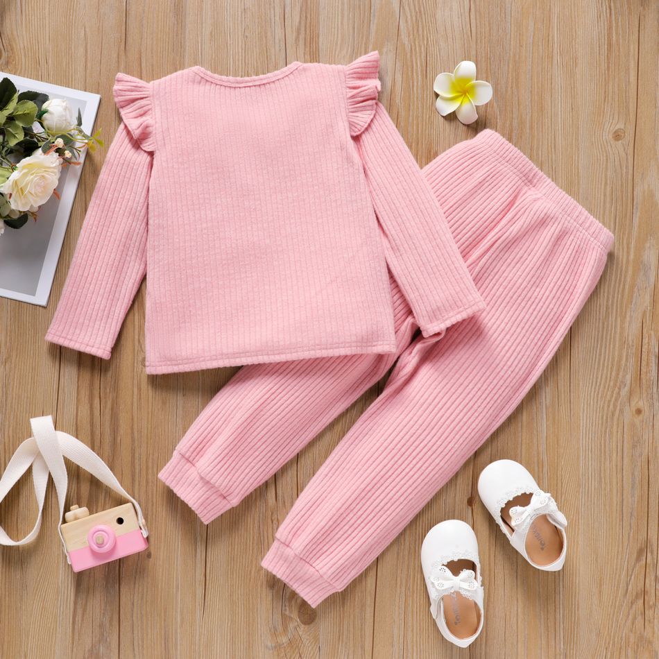 2pcs Toddler Girl Ruffled Ribbed Long-sleeve Pink Tee and Elasticized Pants Set Pink big image 2