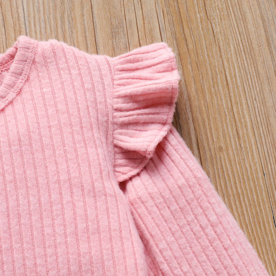 2pcs Toddler Girl Ruffled Ribbed Long-sleeve Pink Tee and Elasticized Pants Set Pink big image 4