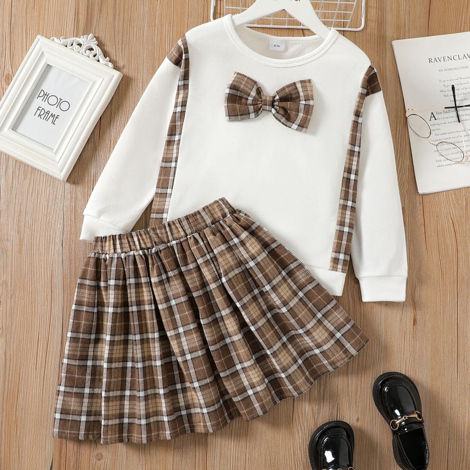 2pcs Kid Girl Preppy style Plaid Splice Bowknot Design Sweatshirt and Skirt Set White