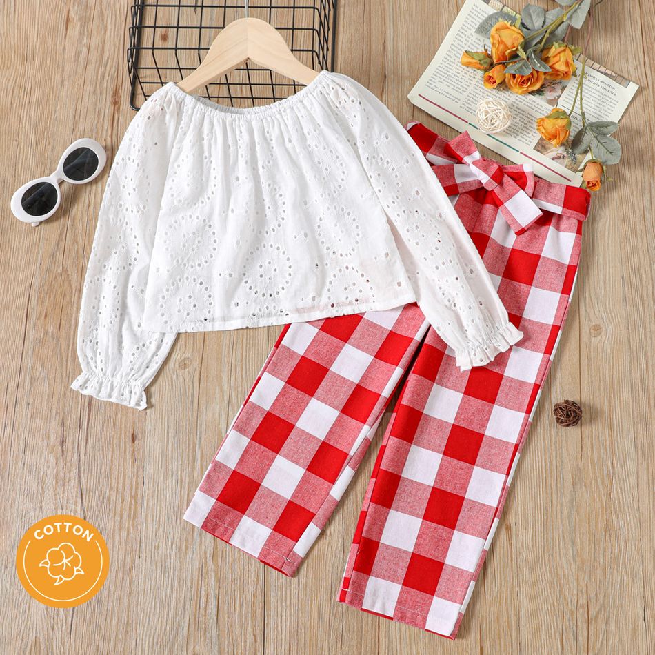 2pcs Toddler Girl 100% Cotton Schiffy Design Hollow out Long-sleeve White Blouse and Belted Plaid Pants Set Red