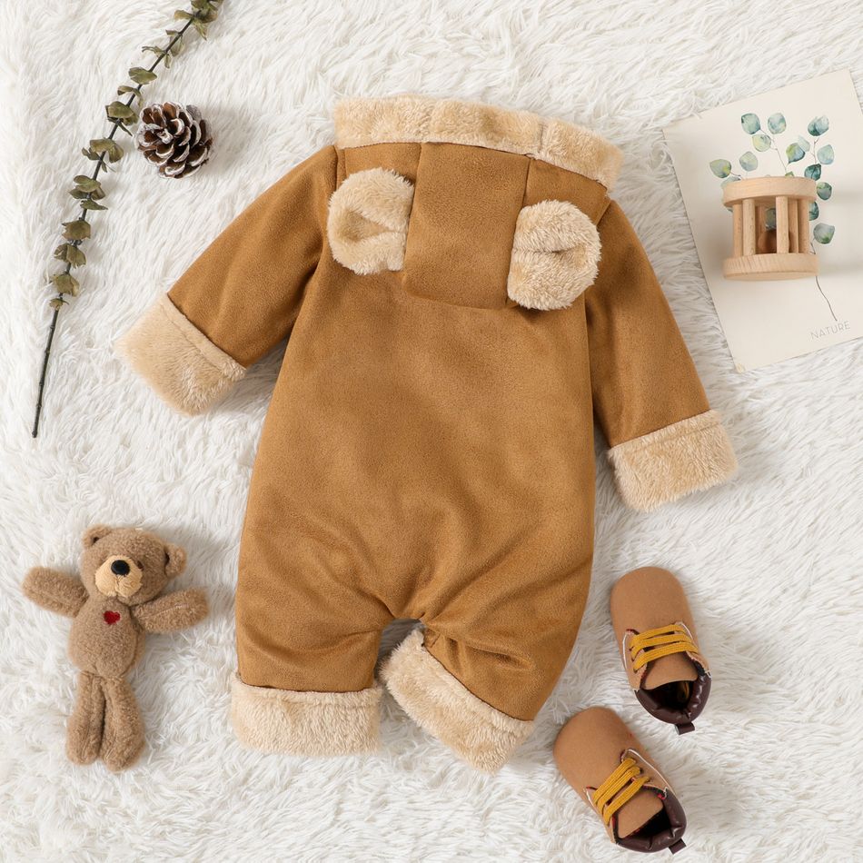 Baby Boy/Girl Thickened Thermal Lined Suede Long-sleeve 3D Ears Hooded Button Front Jumpsuit Brown big image 2