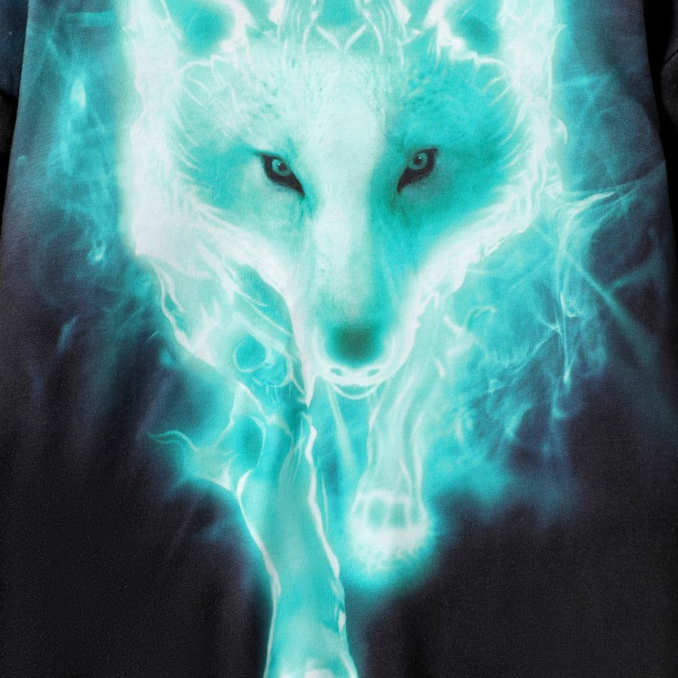Kid Boy Trendy Animal Wolf Print Hoodie Sweatshirt Turquoise big image 6