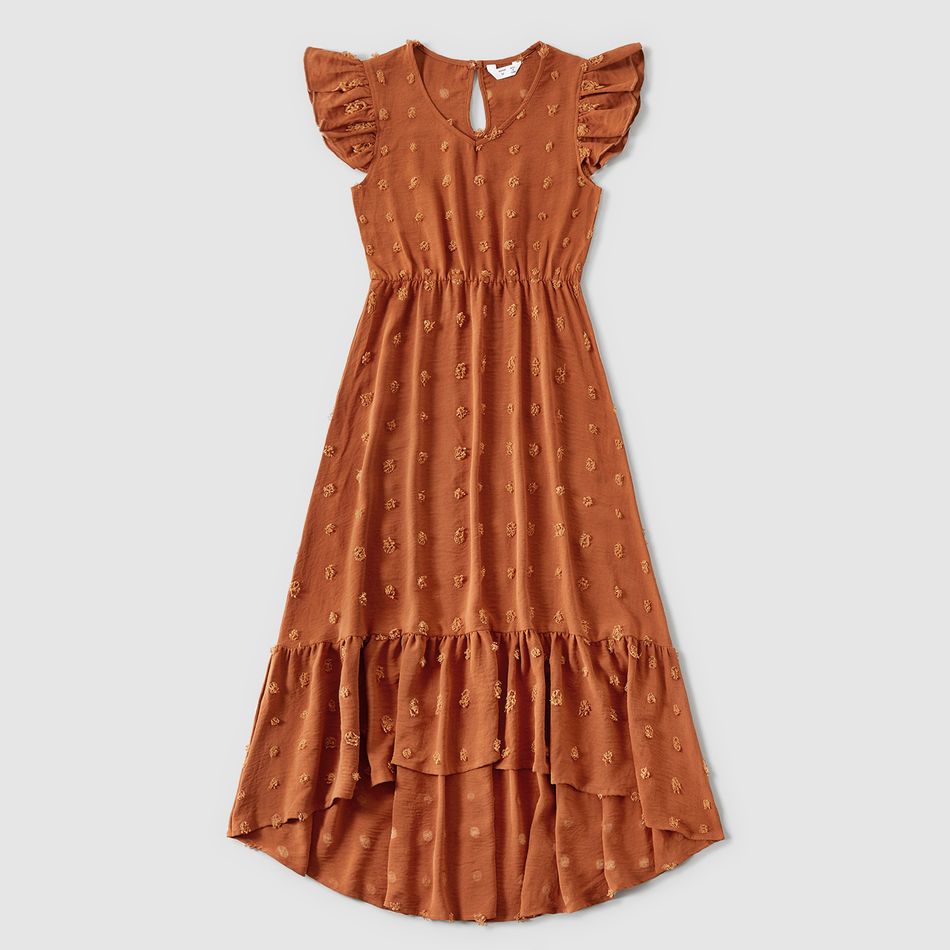 Family Matching Solid Swiss Dot Flutter-sleeve Asymmetric Ruffle Hem Dresses and Short-sleeve Colorblock T-shirts Sets Dullorange big image 6
