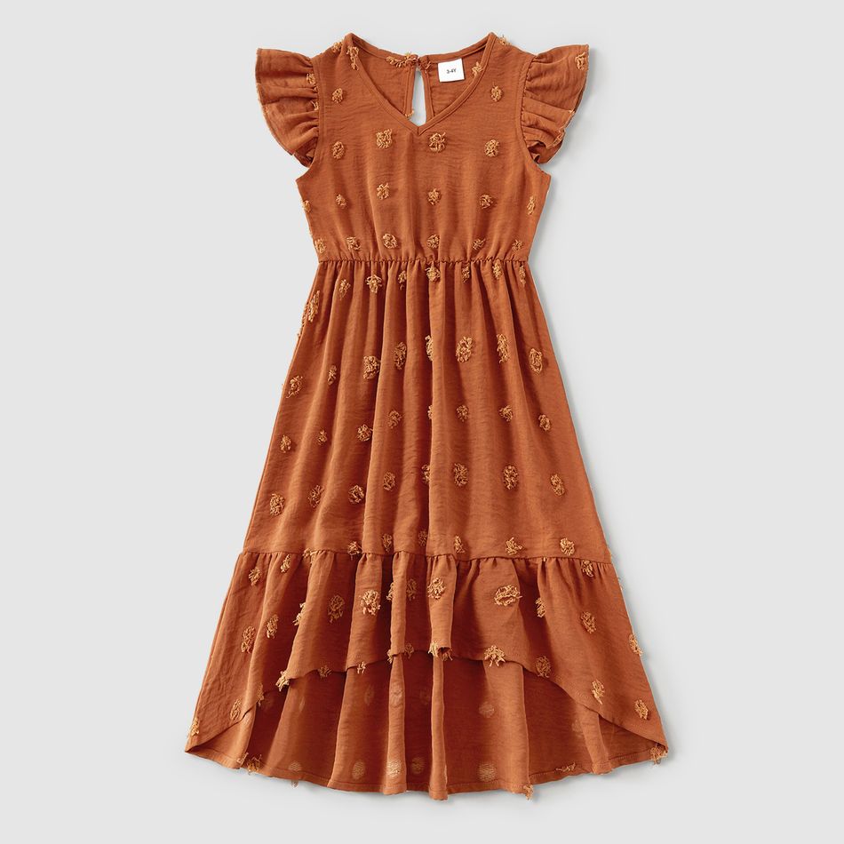 Family Matching Solid Swiss Dot Flutter-sleeve Asymmetric Ruffle Hem Dresses and Short-sleeve Colorblock T-shirts Sets Dullorange big image 11