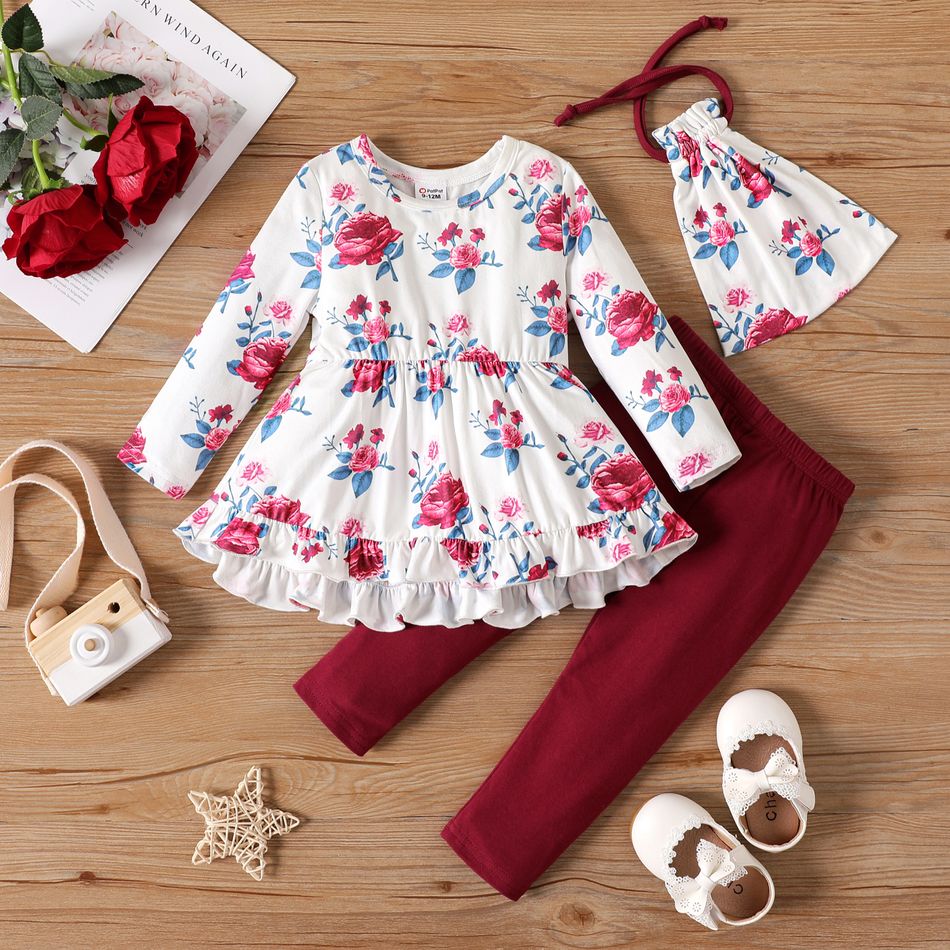 3pcs Baby Girl 95% Cotton Leggings and Allover Floral Print Ruffle Hem Long-sleeve Top with Drawstring Bag Set WineRed