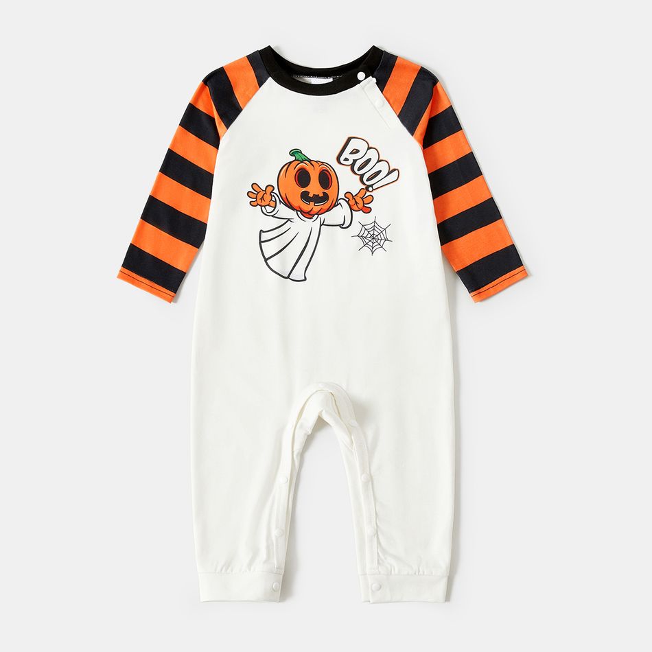 Halloween Family Matching Raglan-sleeve Pumpkin Ghost & Letter Print Striped Pajamas Sets (Flame Resistant) ColorBlock big image 9