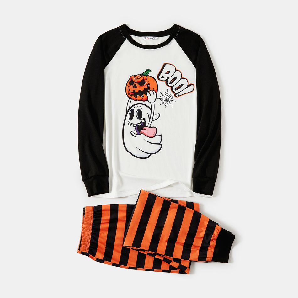 Halloween Family Matching Raglan-sleeve Pumpkin Ghost & Letter Print Striped Pajamas Sets (Flame Resistant) ColorBlock big image 5