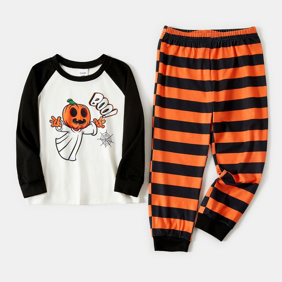 Halloween Family Matching Raglan-sleeve Pumpkin Ghost & Letter Print Striped Pajamas Sets (Flame Resistant) ColorBlock big image 7