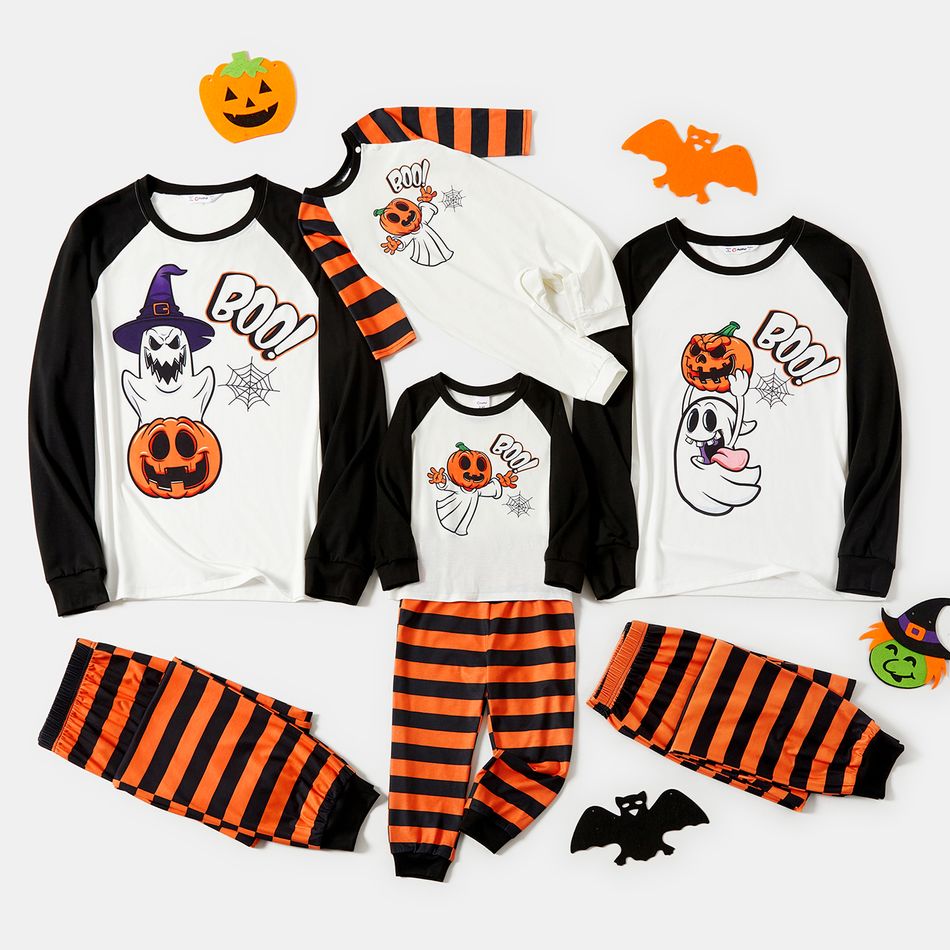 Halloween Family Matching Raglan-sleeve Pumpkin Ghost & Letter Print Striped Pajamas Sets (Flame Resistant) ColorBlock big image 1