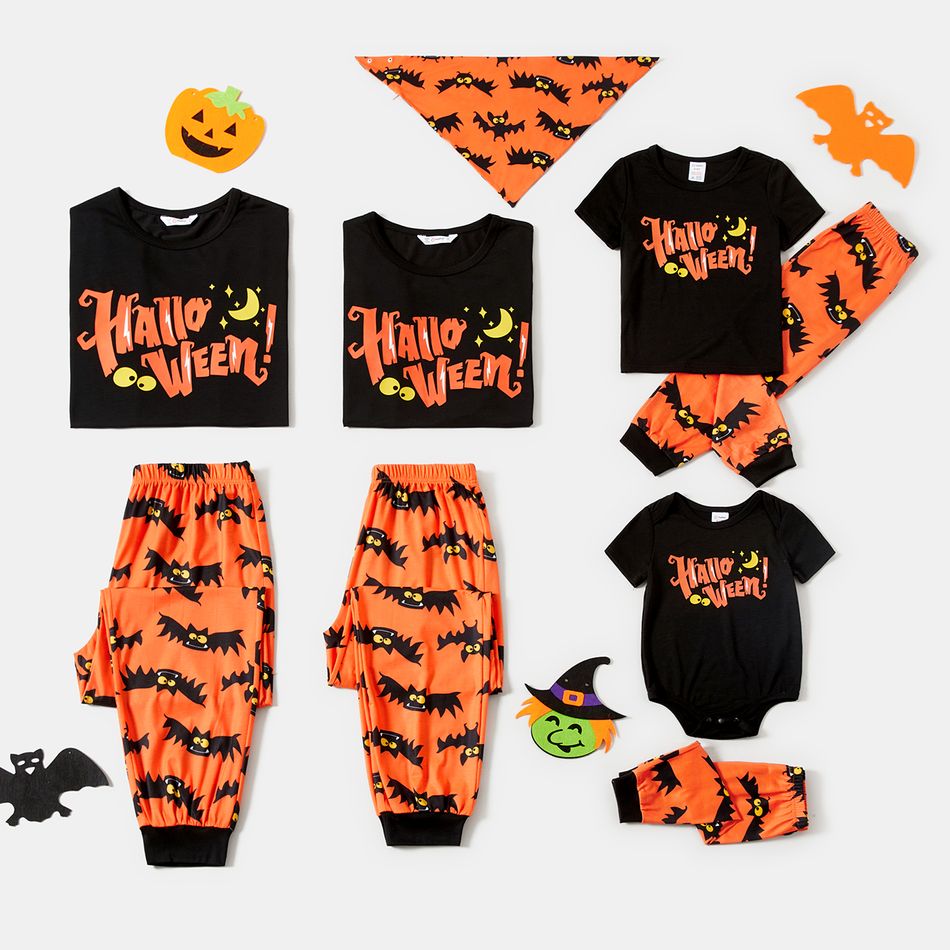 Halloween Family Matching Letter & Bat Print Short-sleeve Pajamas Sets (Flame Resistant) ColorBlock