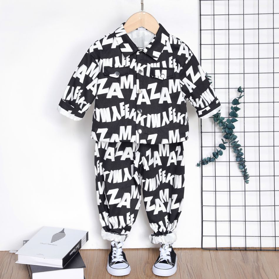 2pcs Toddler Boy 100% Cotton Allover Letter Print Lapel Collar Long-sleeve Shirt and Pantd Set Black