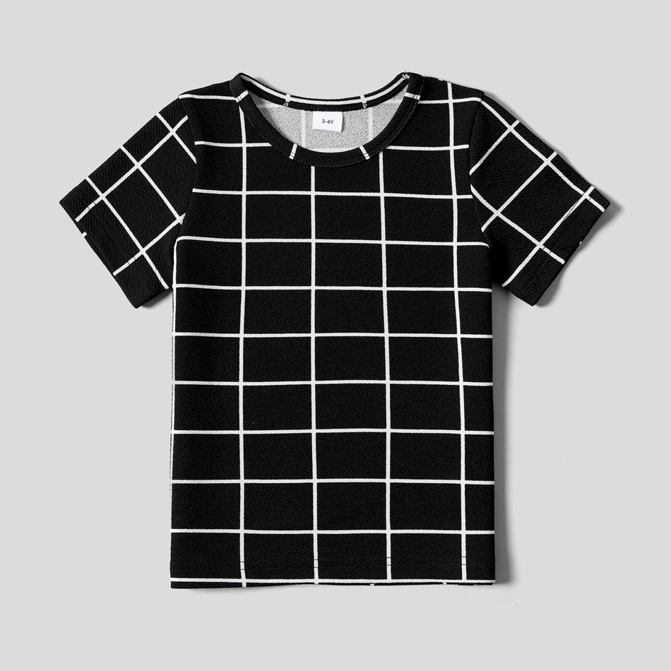 Family Matching Plaid Short-sleeve Drawstring Ruched Bodycon Dresses and T-shirts Sets Black/White big image 10