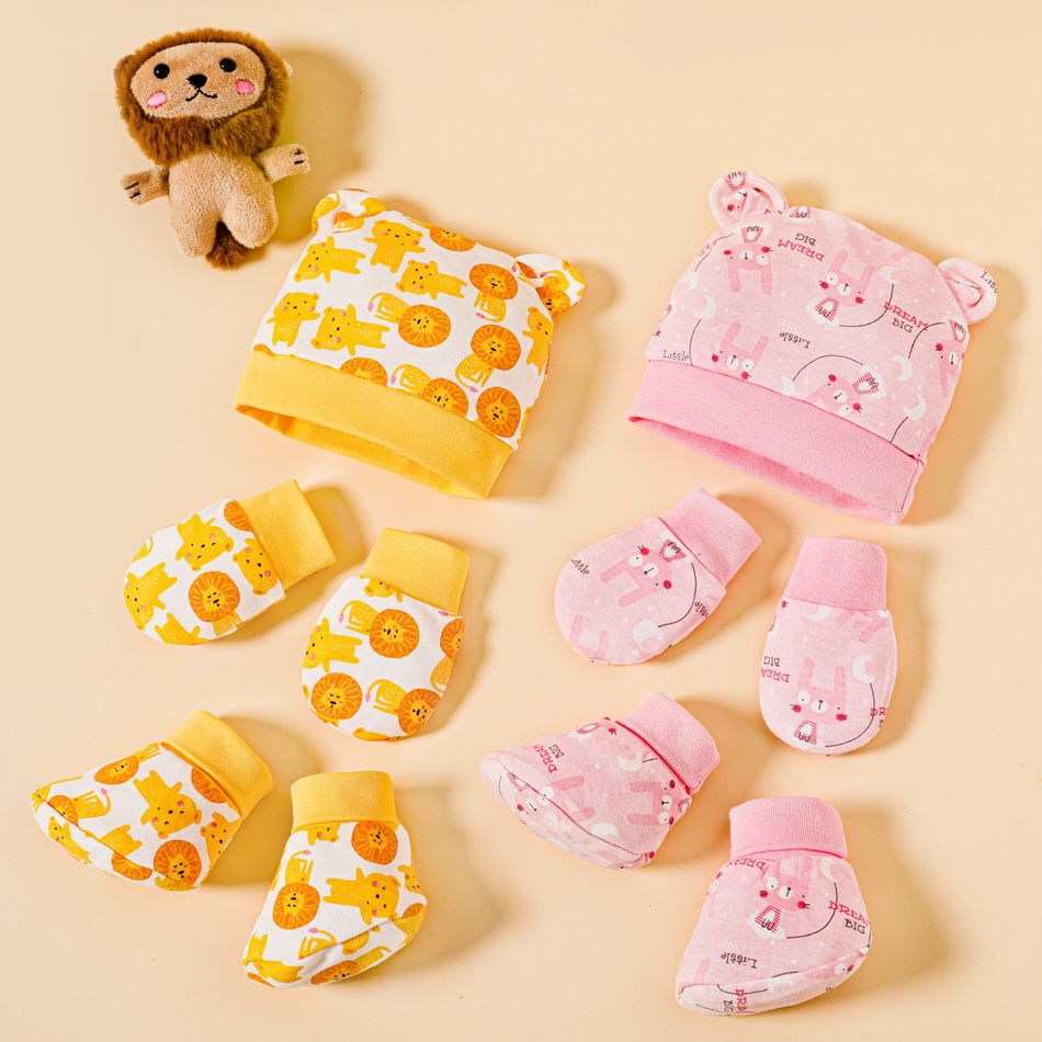 Conjunto de gorro com padrão animal de desenho animado de bebê recém-nascido de 3 pacotes e luva e meias anti-riscos Amarelo big image 6