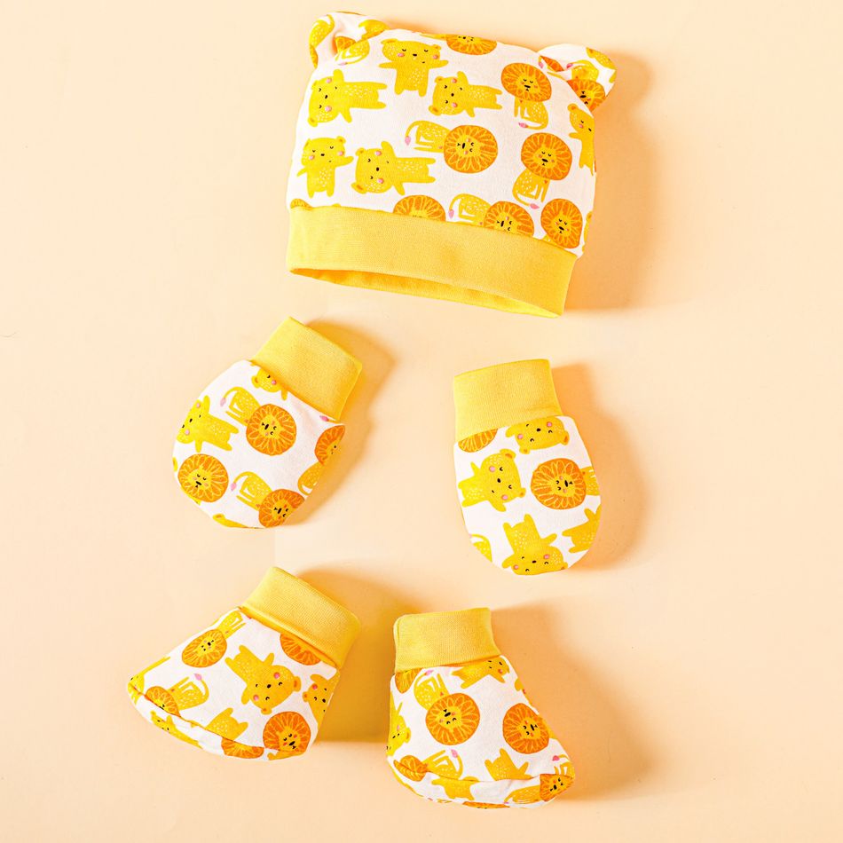 Conjunto de gorro com padrão animal de desenho animado de bebê recém-nascido de 3 pacotes e luva e meias anti-riscos Amarelo big image 5
