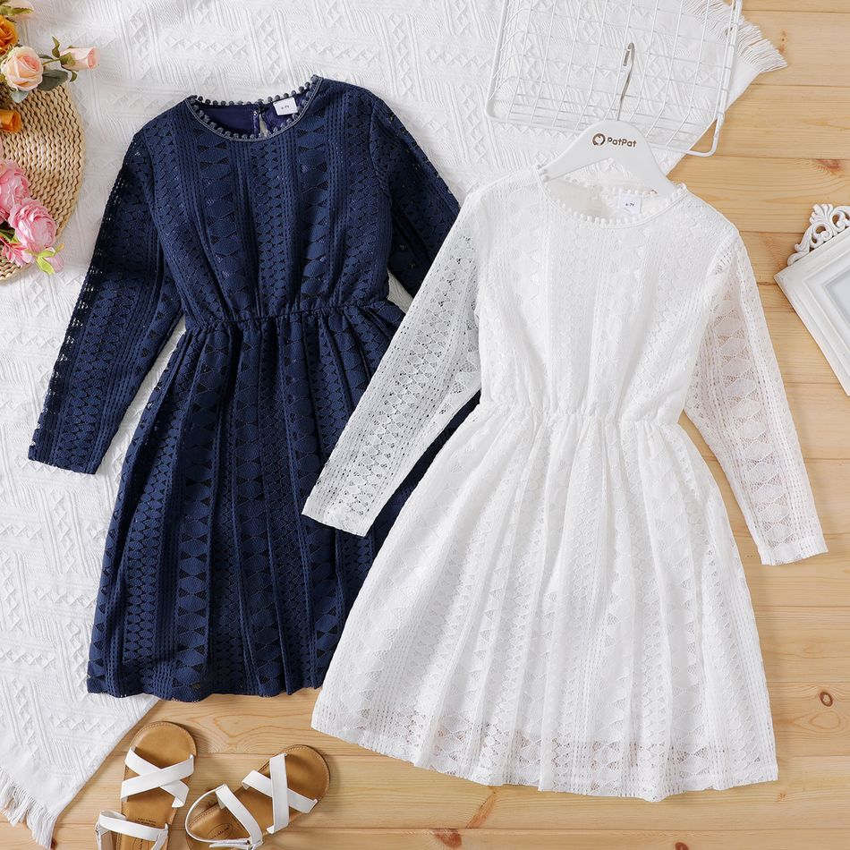 Kid Girl Solid Color Lace Design Long-sleeve Dress White big image 2