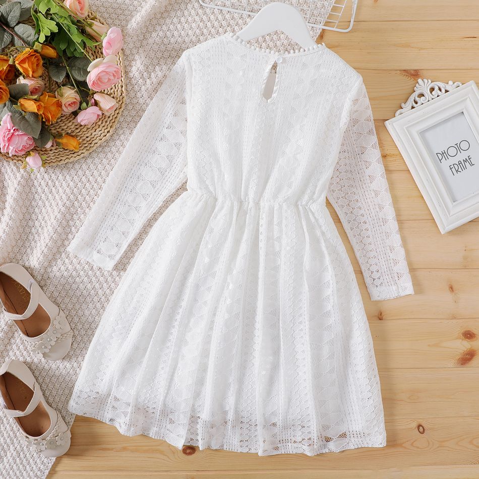 Kid Girl Solid Color Lace Design Long-sleeve Dress White big image 3