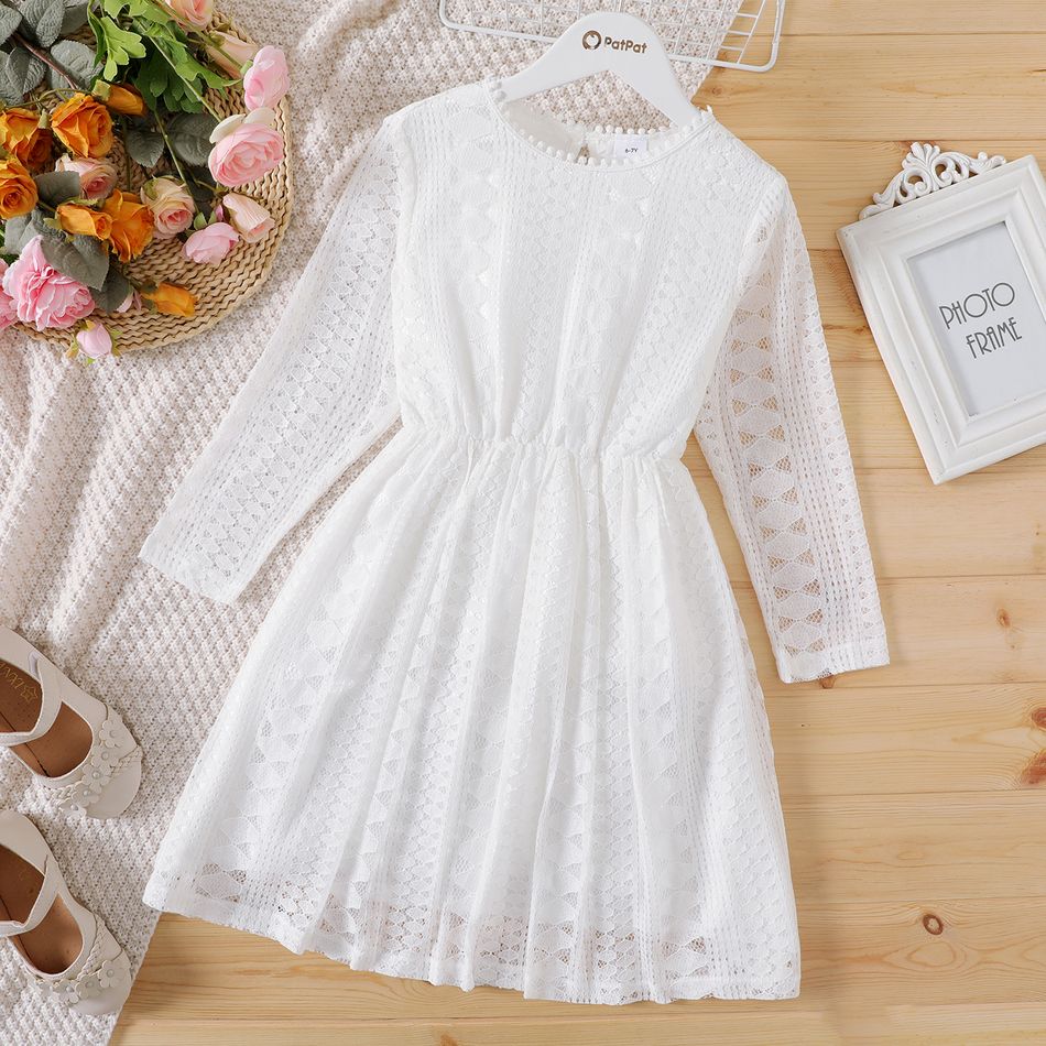 Kid Girl Solid Color Lace Design Long-sleeve Dress White big image 1