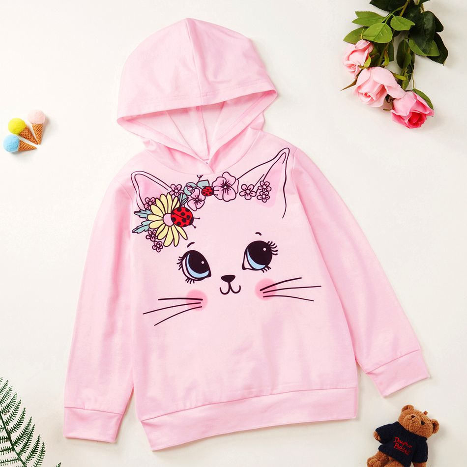 Kid Girl Cute Cat Floral Print Hoodie Sweatshirt Light Pink